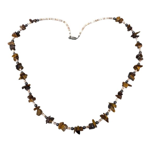 Vintage Heishi Beaded Tigers Eye & Shell Bead Necklace Southwest Barrel Clasp - Picture 7 of 7